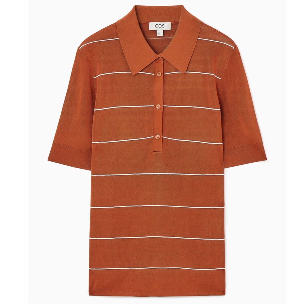 COS Stripped Knitted Polo Dark Orange Viscose Shirt Woman’s Size S